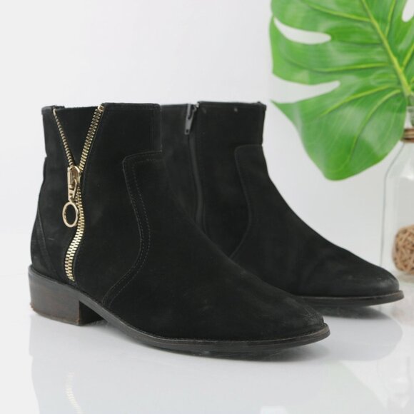 Steve Madden Womens Chances Boot Size 9.5 Black Suede Gold Zip Bootie Boho - Picture 1 of 12